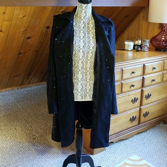 Bebe long sequin black coat with belt in size Large. - Picture 3 of 8